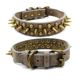 404 POPMARKET Retro Studded Spiked Rivet Large Dog Pet Leather Collar Pit Bull S-XL (Option: Gray-XL)